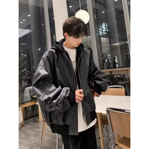 Yiran presents jacket men's autumn and winter high street fashion handsome hunting suit fake two-piece design baseball uniform hooded casual jacket for men black XL recommended 120-140Jin Jin equals 0.5 kg