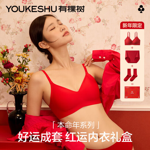 There is a tree underwear women's zodiac year of the horse bra set small breasts gathered seamless antibacterial underwear socks Qiji red gift box