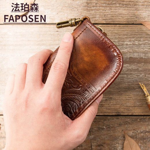 FAPOSEN large capacity handmade Z leather key bag men's zipper men's car key bag head layer cowhide cowhide wallet card bag women brown top layer cowhide
