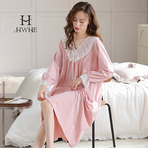 HWHE轻奢品牌长袖睡裙女春秋款带胸垫公主风秋冬季女款家居服长裙 673柔粉(带胸垫) XL 120-145斤