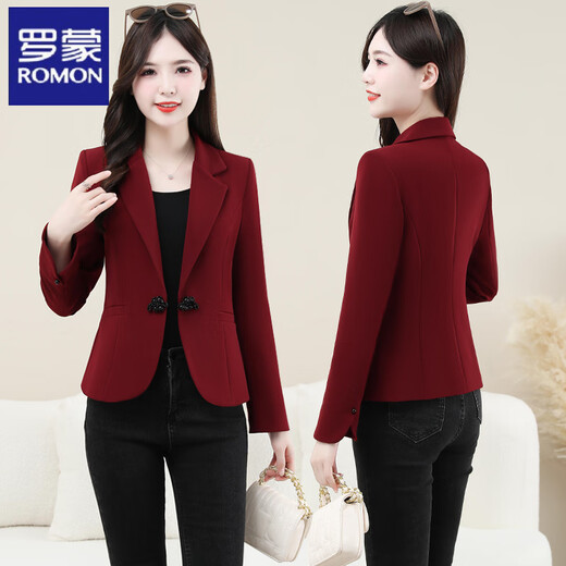 ROMON New Chinese Style Suit Jacket Women's Spring and Autumn New Fashion High-end Feminine Casual Professional Commuting Suit Top Burgundy 2XL Recommended 125-135 Jin Jin equals 0.5 kg