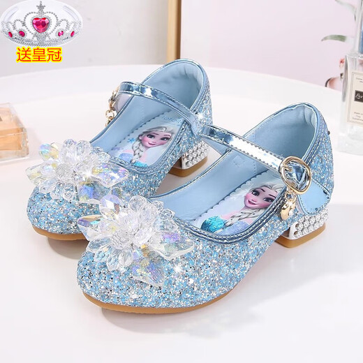 Ye Yu Girls' High Heels Spring and Autumn Elsa Frozen Princess Crystal Soft Sole Shoes Elsa Children's Leather Shoes Children's Shoes 810-3 High Heels Ice Blue Free Crown 30 Inner Length 18.5cm