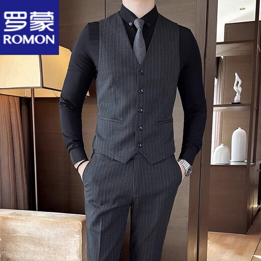 ROMON Striped Suit Men's 2025 Three-piece Slim Groom Wedding Dress Professional Formal Small Suit Jacket Men 1920 Black Suit Jacket M 170 Recommendation 105-120 Jin Jin equals 0.5 kg