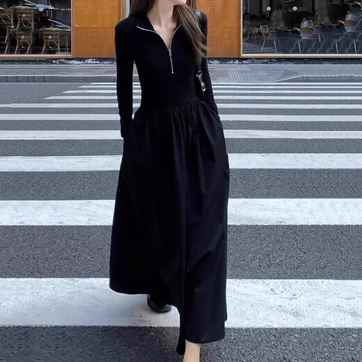 Miao Yijia Dress Women's Autumn Women's Skirt Knitted New High-end Long Skirt with Coat French Waist Slimming Black Zipper Long Sleeve A-Line Hepburn Style Dress XL Recommended 105-120 Jin Jin is equal to 0.5 kg