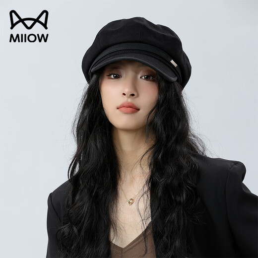 Catman Hat Women's Spring and Autumn Octagonal Hat Fashionable and Versatile Big Head Circumference Showing Face Little Painter Hat British Retro Berry Newsboy Hat Black One Size 56