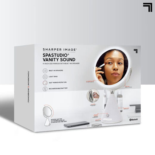 SHARPER IMAGE SPASTUDIO 9-inch double-sided vanity mirror with built-in speaker wireless Bluetooth 360 rotary touch control adjustable LED light white