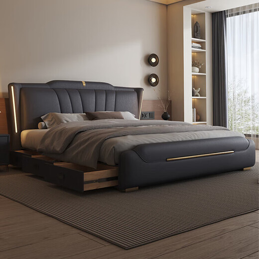 Light luxury leather bed master bedroom queen bed modern simple double bed 1.8 meters storage soft package wedding bed 2 meters leather bed with light high quality leather bed color remarks - delivery to home 1800mm*2000mm frame structure
