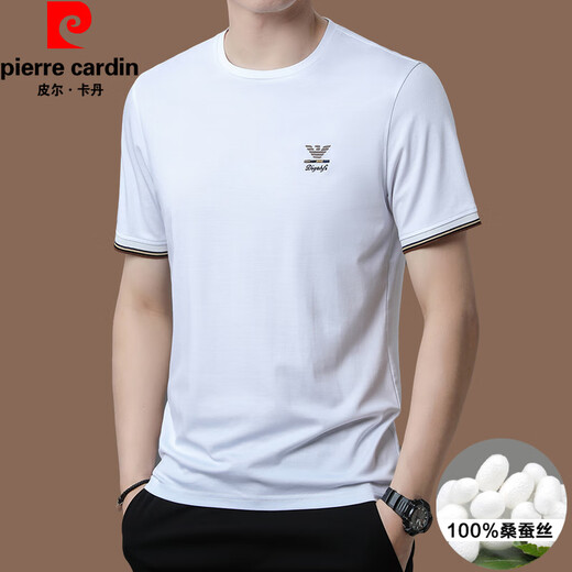 Pierre cardin high-end brand summer 2025 new high-end embroidered short-sleeved top thin round neck cool ice silk T-shirt khaki [Ti13062] L 170 [suitable for weight 120-135Jin [Jin equals 0.5 kg]]