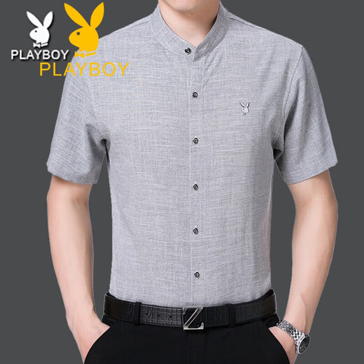花花公子（PLAYBOY）中年男棉麻立领短袖衬衫衣夏季薄款宽松大码商务爸爸装圆领衬衣寸 咖红 Z6636格子咖红 S 165/84A