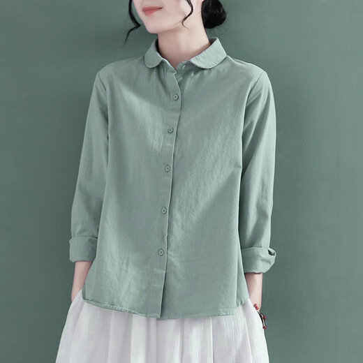 Xiaomeng spring new pure cotton shirt women's design round neck retro long-sleeved cotton and linen shirt linen professional fashion top green S recommended 80-100Jin Jin equals 0.5 kg