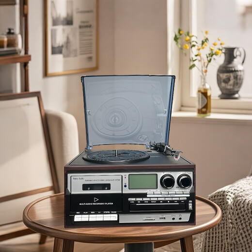 Heritage family tape player, vinyl CD all-in-one multi-functional antique tape player, vinyl record player, retro gramophone, Bluetooth audio, home living room ornaments, vinyl tape all-in-one machine, mahogany color (black and silver panel) + 4 vinyl (Package B)