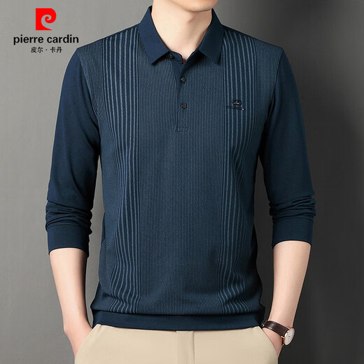 
Pier Cardin brand pure cotton men's long-sleeved T-shirt in spring striped lapel POLO base shirt elastic casual top 838 navy L 170110L (120-140Jin [Jin equals 0.5 kg])