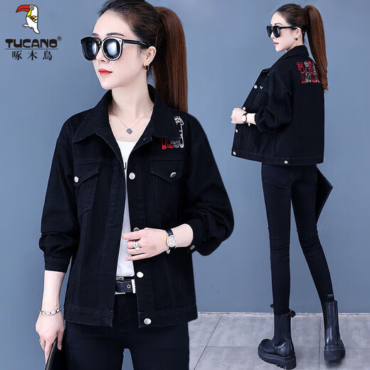 Woodpecker Black Denim Clothing 2025 Spring New Denim Jacket Women Korean Style Loose Slim Short Jacket Women's Top Fashion 9904# Front and Back Children's Embroidery S Recommended 80--100Jin Jin is equal to 0.5 kg