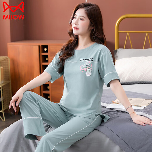 猫人（MiiOW）睡衣女夏季纯棉2025年新款短袖长裤家居服套装可外穿薄款全棉套装 7374豆绿 XL 120-140斤