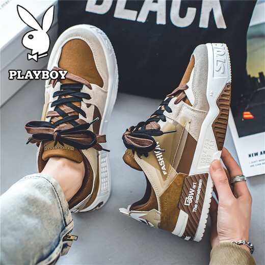 花花公子鞋子男款2025秋冬季男鞋新款休闲板鞋男士百搭厚底增高运动鞋 白棕色 39