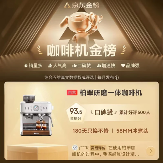 柏翠意式咖啡机家商用全半自动研磨一体机小型奶泡机双泵双炉 PE3899 送礼 星光海盐白