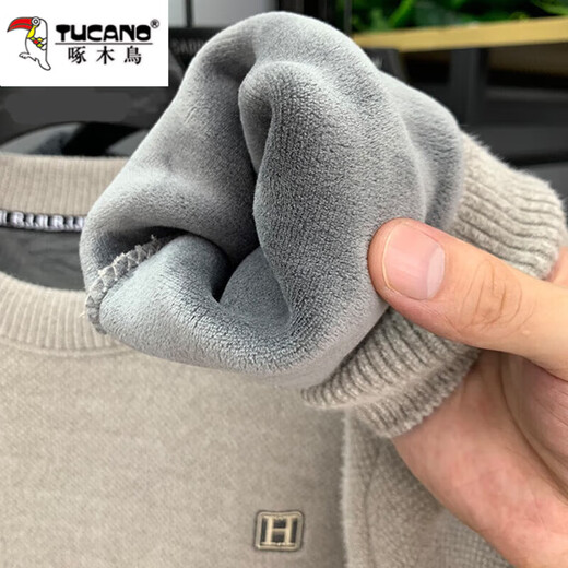 Woodpecker integrated velvet high-end round neck sweater for men's autumn and winter style plus velvet thickened warm base knitted sweater clothes 10749/9906 beige [added velvet thickened] 3XL
