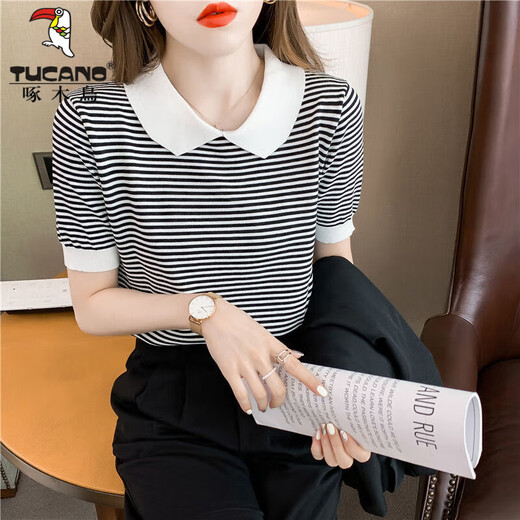 Cuello de muñeca rayada de carpintero Camiseta de miética de seda de hilo de altura de manga corta Sweet Sweater Sweater Sweater delgada pequeña DX691# Amarillo S RECOMENDO 80-100JIN [Jin iguala 0.5 kg]