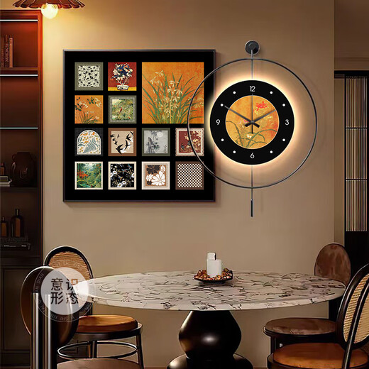 Middle style Bailian Restaurant Decorative Painting LED Lights with Clocks and Watches Mural Retro Dinner Table Background Wall Painting K12806+PB57 e50*50cm Painting +50*50cm Wall Clock with Pendulum [