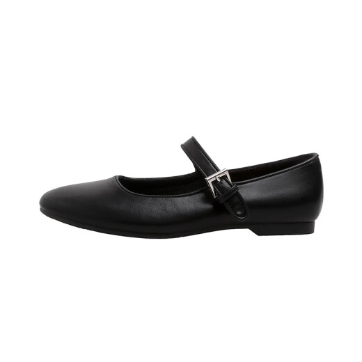 Woodpecker 2025 spring new style one-liner buckle light mouth flat sole single shoes small square toe retro soft leather soft sole Mary Zhen women's shoes 2601 black 36