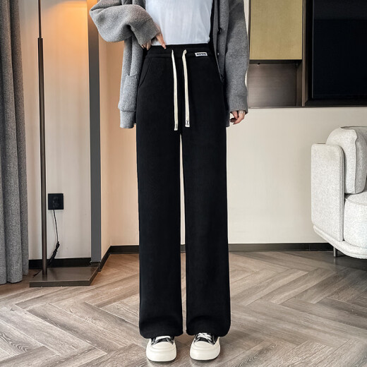 Velvet de terciopelo hechos al algodón Pantalones de patio de cordero en el terciopelo en espesor de las mujeres en otoño e invierno Pantalones casuales rectos de la cintura altas para mujeres Pantalones de algodón 9767 Negro [Velvet de cordero alto 24.5] M 80-100Jin [Jin equivale a 0.5 kg]