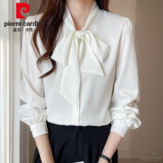皮尔卡丹（pierre cardin）杭州真丝衬衫女长袖春装新款法式蝴蝶结衬衣感抗皱桑蚕丝上衣 蓝色9276款 L :105-115斤