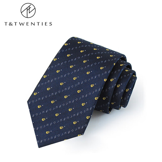 T&Twenties吉他.深蓝色真丝领带男8cm手打款金色乐器音乐波点口袋巾套装礼盒 【领带+口袋巾+领带夹】