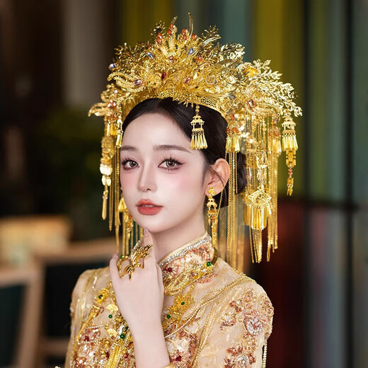 CHAUIYIN Chao Yin Fengguan Xia Pei Tiara Bride Hanfu Heavy Industry Headwear Golden Retro Face Curtain Chinese Xiuhe Accessories Gold Face Ring (Ear Clip Style