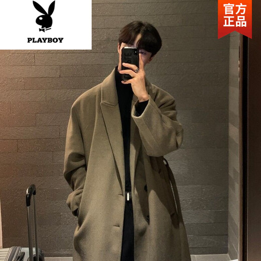 Playboy (PLAYBOY) new winter woolen woolen coat for men, long over the knee, Korean style loose and handsome British woolen windbreaker jacket for men, black (high quality) 2XL