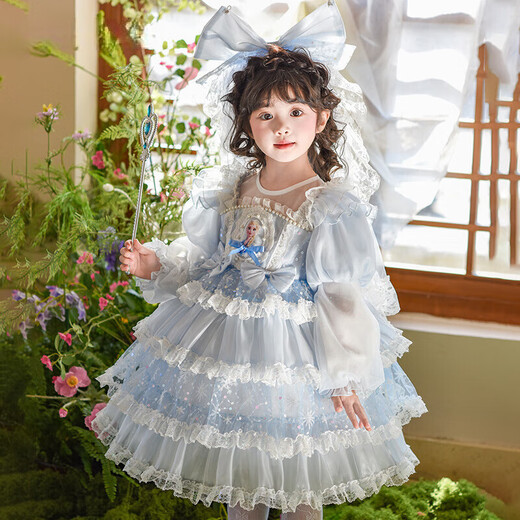 Anneyol Original Girls Spring Elsa Princess Dress 2025 New Spring and Autumn Lolita Mesh Puff Skirt Elsa Dress Blue 110