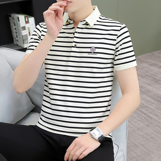 UOSO International First-Line Luxury Herren hochwertiger Streifenpolo-Pullover Revers Short Sleeve T-Shirt Herren Sommer halb Ärmel Männer Schwarz-Weiß Striped Q753 Lapel Short Sleeve m