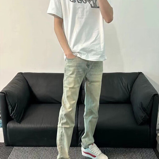 Luyaer yellow mud war horse printed pants men's spring and summer casual versatile jeans American hiphop trendy brand straight trousers Yellow mud XL [Suggested 120-140Jin [Jin equals 0.5 kg]]