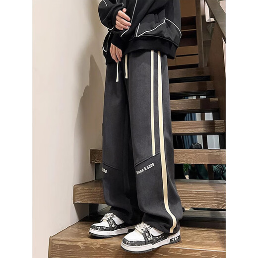 Yalu American style velvet thickened pants for men in autumn and winter new style loose trendy versatile casual straight wide leg sports pants X367 gray velvet high quality 31 XL 125-140Jin Jin equals 0.5 kg