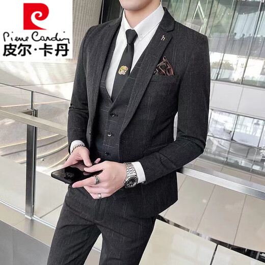 Pierre Cardin (pierre cardin) suit men's suit dark pattern wedding dress groom groomsmen group men's three-piece suit business professional formal wear trend black gray suit vest trousers + tie L (106-120Jin Jin equals 0.5 kg)