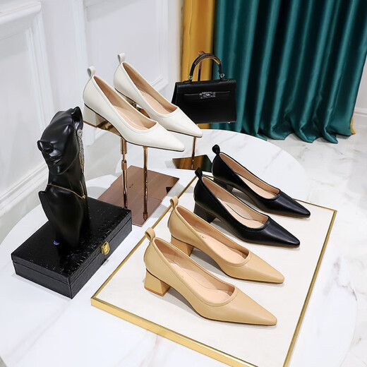 
Woodpecker 12352 Korean style fashionable simple thick heel versatile mid-heel shoes shallow mouth pointed toe professional OL office worker women's shoes off white 35