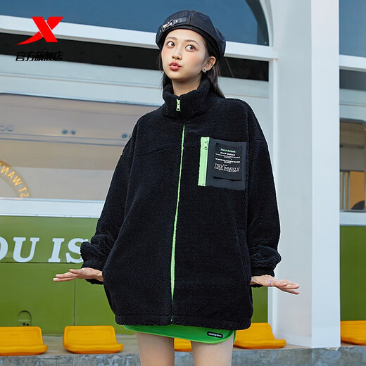 特步（XTEP）W【门店同款】半糖系列羊羔绒外套男女春季款立领保暖 正黑色 S