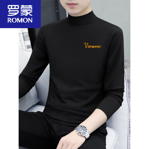 罗蒙（ROMON）纯棉半高领打底衫男士长袖T恤纯色中领春秋男装内衣t恤外穿秋衣 LH-YPC6187炭灰色 M 【建议100-115斤】