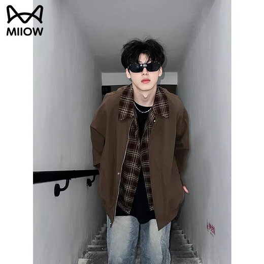 Cat Man Jacket Men's Autumn and Winter Maillard Wear Fake Two-Piece Plaid Plus Velvet Thickened Large Size Jacket Lapel Baseball Clothing 1802 Brown XL (Recommended 140-160 Jin Jin equals 0.5 kg)