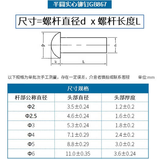 Jinggong copper rivets semi-round head solid rivets round head rivets copper solid copper rivets M2.5M3M4M5M6 3*5 (200 pieces)