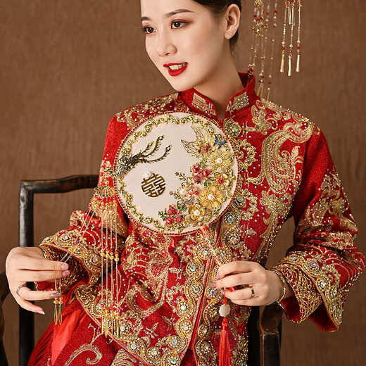 LISM新娘结婚礼扇子出嫁手捧花中式古风团扇秀禾服手工喜扇diy材料包 B款金凤成品 (+扇架礼盒六件套)