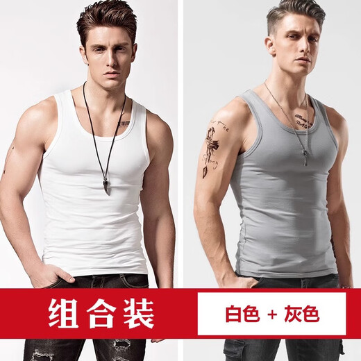 【100%纯棉】男士背心运动跨栏工字背心男健身弹性无袖t恤男汗衫 白色+灰色 两件装 3XL 体重【165-180斤】