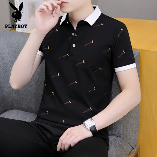 花花公子（PLAYBOY）2025新款夏季翻领男士短袖t恤休闲潮牌POLO 衫男装带领子半袖冰丝 黑色 QY679 2XL
