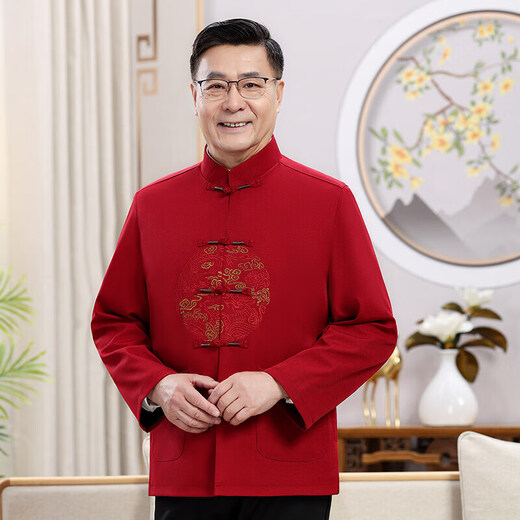 新年新款唐装男老年爷爷奶奶春秋夹克外套中国风本命年高品质套装 灰色 9230【套装】 M /170【推荐90-115斤】