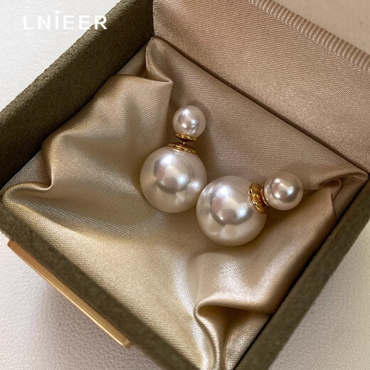 Lnieer wears Zhao Lusi's same style double-beaded Shijia pearl earrings before and after, women's French light luxury 925 silver needle earrings, Shijia milk white 925 silver needle 8/16mm