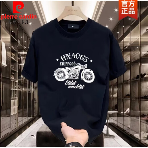 Pierre Cardin Trendy Marke Heavy Cotton Kurzärmelte T-Shirt für Männer im Sommer Retro Motorrad Drucker Schulter Rundem Hals halbärmelig T-Shirt für Männer 683 Black XL (Empfohlen 135-150jin [Jin gleich 0,5 kg]))