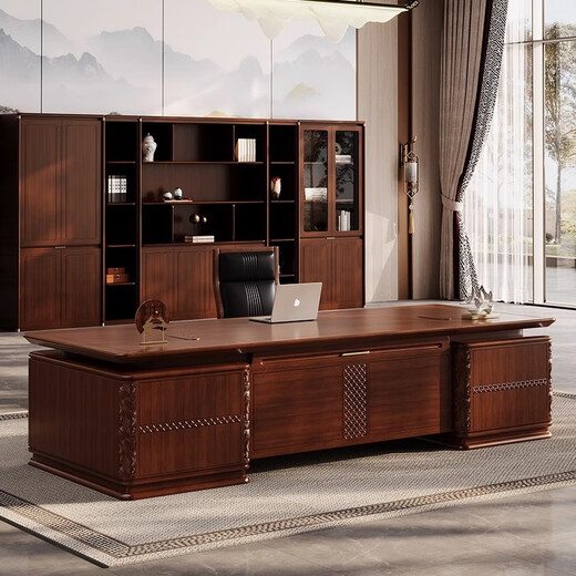 Hanjitang Yuxin Chinese style mid-century style office desk boss table ebony wood leather surface president chairman office furniture executive desk 2.0 meters boss table