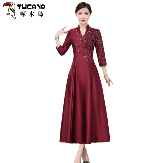 啄木鸟（TUCANO）妈妈宴会旗袍礼服2025年新中式国风喜婆婆婚宴装高贵连衣裙女 酒红色6626 2XL 175 【120-130斤】
