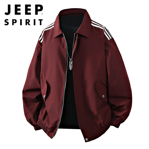 JEEP SPIRIT2025 Spring, Autumn and Winter New Lapel Burgundy Jacket Men's Loose Couple Coach Jacket Pilot Jacket Large Size Plus Size Men's Clothing-Burgundy 2XL