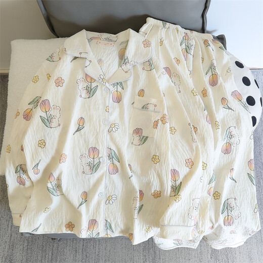 Cat Man Cute Tulip Rabbit Pajama Girl Spring y Autumn delgada Algodón Pure Algodón Manga larga Summer Home Ropa 826# Black Rose# mangas largas + pantalones recomendados 100-120Jin [Jin equivale a 0.5 kg] l