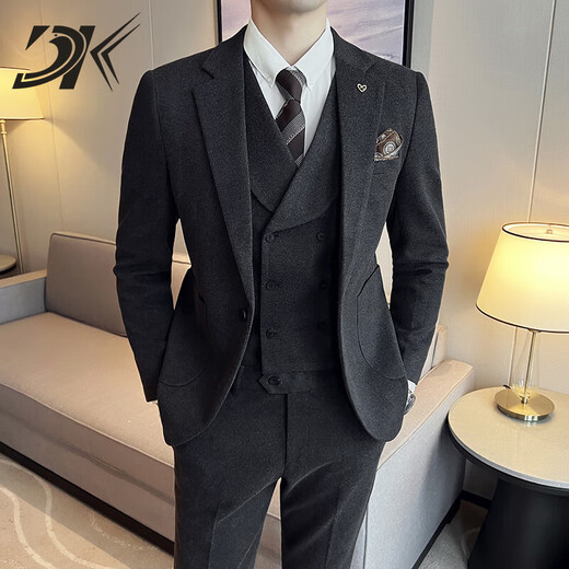 DK brand men's woolen suit suit men's spring and autumn new Korean version slim wedding suit dress three-piece set brown suit + trousers M